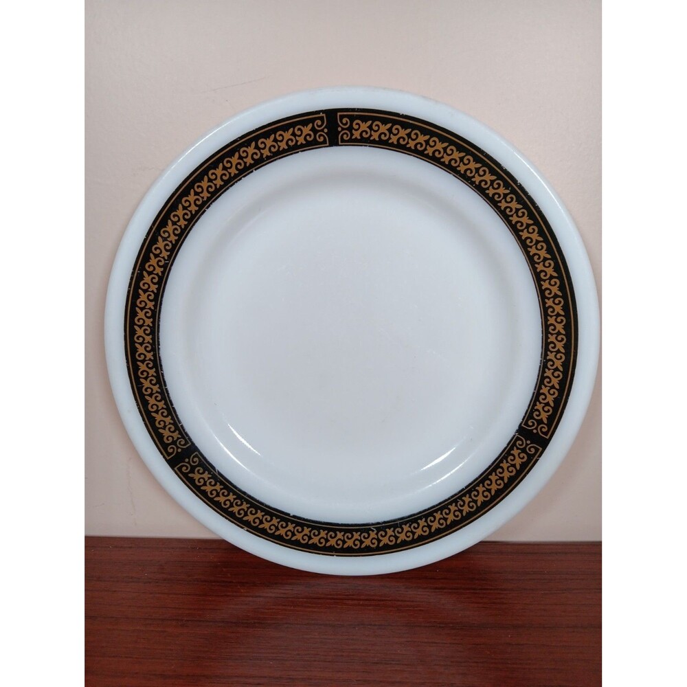 Vintage Pyrex Lunch Plate "Ebony" Fleur De Lis Pattern 9" Milk Glass Black Gold